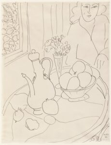 line drawing of woman at a table with fruit